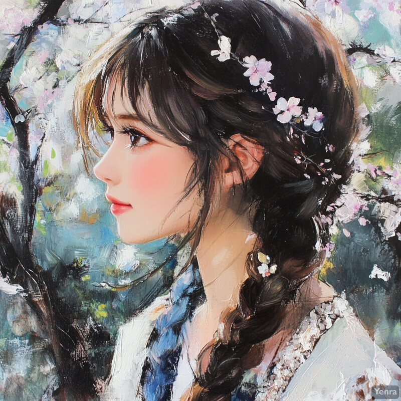 A painterly portrait of a young woman amidst blossoming trees, evoking a serene and ethereal spring atmosphere.