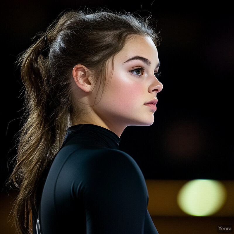 A young woman with long brown hair stands in front of a dark background, gazing to her right.