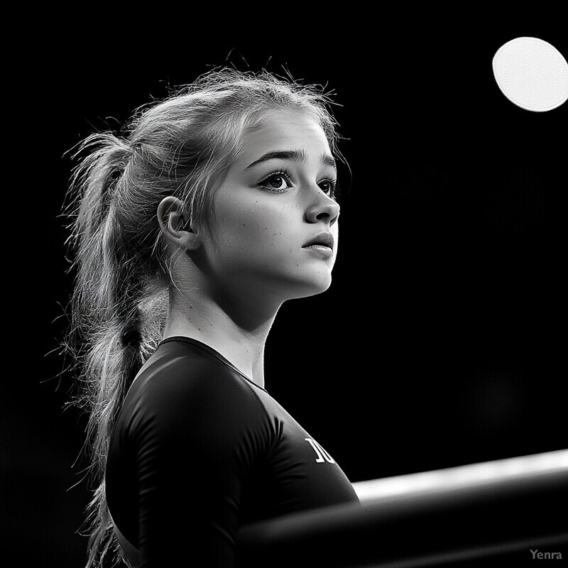 A young woman in an athletic shirt, captured from the chest up, with a serious expression