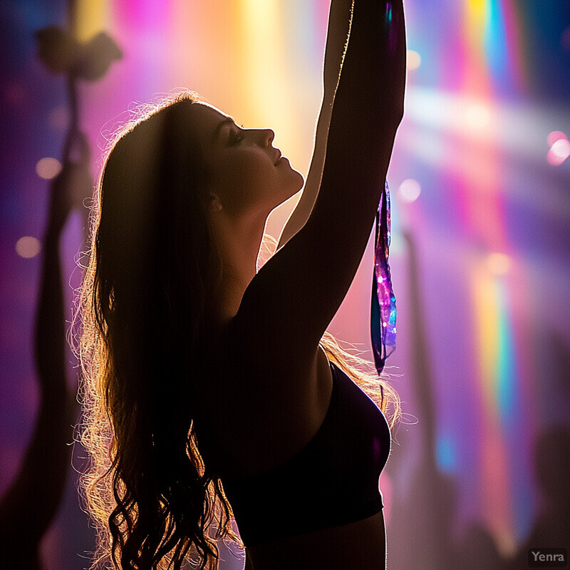 Woman holding up purple fabric in front of colorful lights