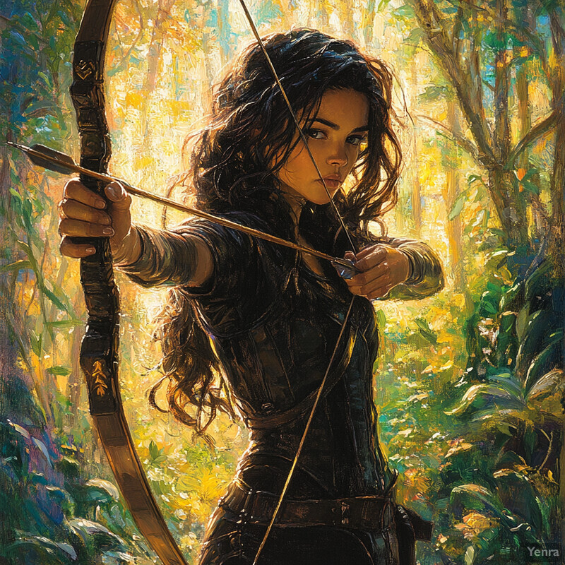 An illustration of a woman in an archery stance, poised to release an arrow.