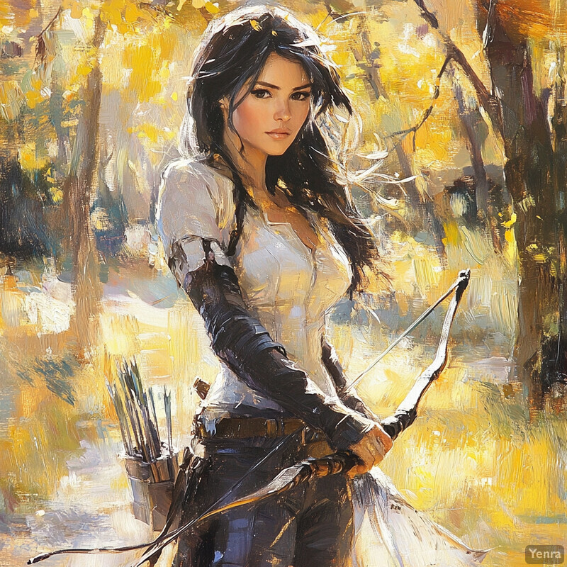 A young woman with long dark hair dressed in a white shirt and black arm guards holds a bow and arrow in an outdoor setting.