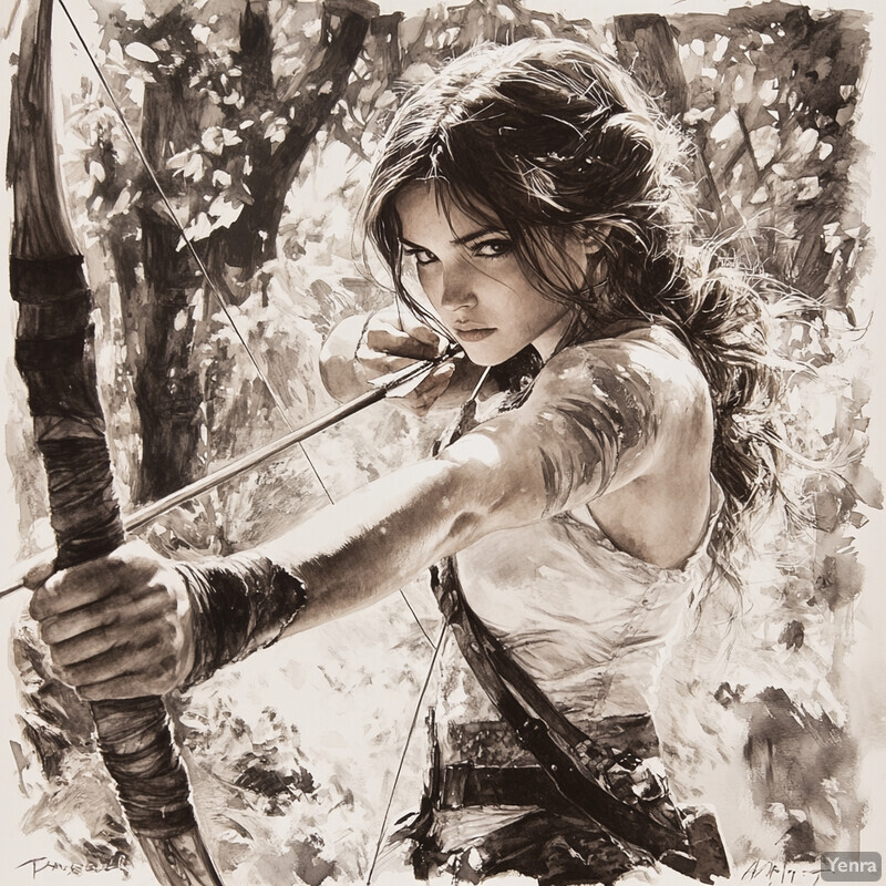 A woman with long dark hair, dressed in an outfit consisting of a white top and dark pants or skirt, holding a bow and arrow in her left hand, set against a background of trees and foliage.