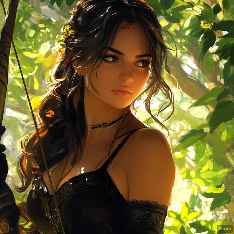 A serene scene of a woman in a black dress holding a bow and arrow in front of a tree trunk.