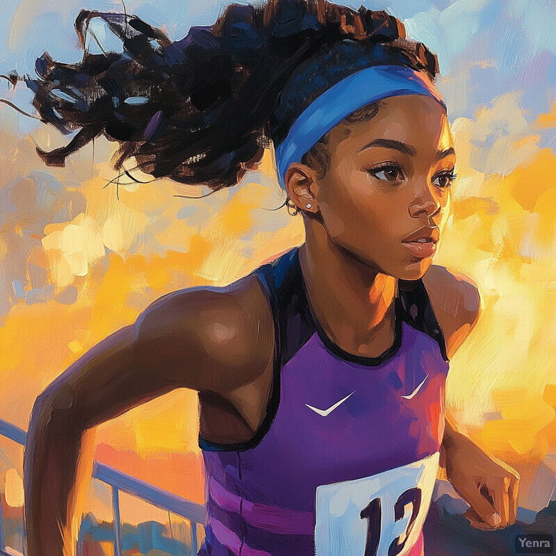 An oil painting of a woman running in a race, showcasing her athletic build and determined expression.