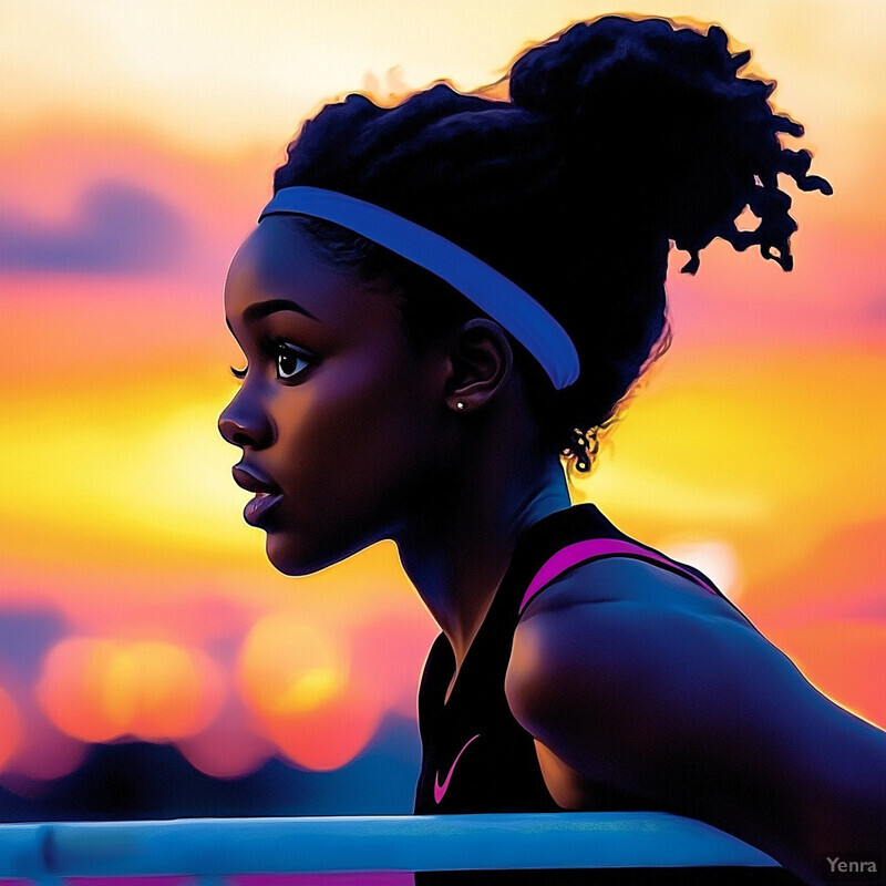 A young Black woman leaning forward, wearing a black tank top with a pink Nike swoosh logo, set against a vibrant sunset sky background.