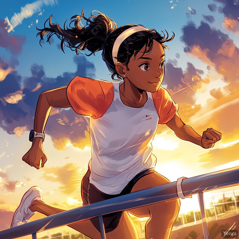 Cartoon-style illustration of a young girl running along a railing at sunset