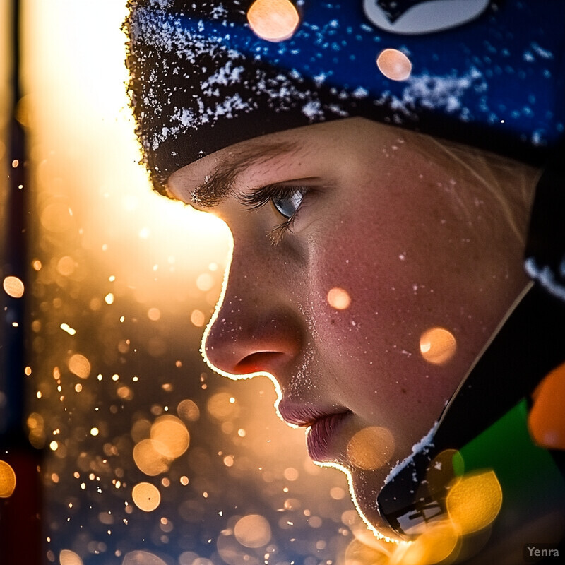 A young man with fair skin and brown hair, wearing a blue and black beanie hat with snowflakes, gazing to the left side of the image.