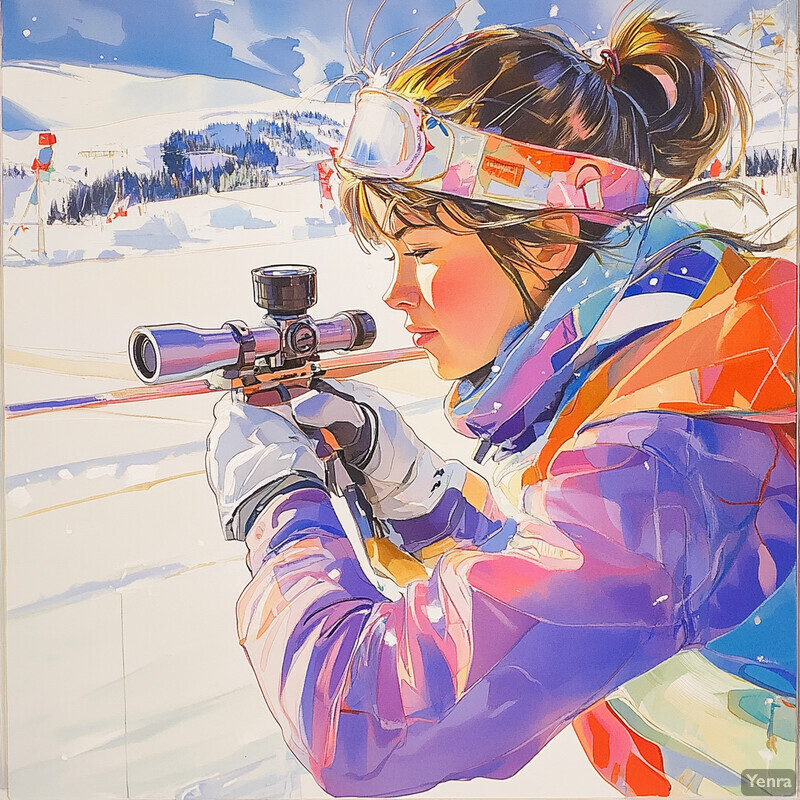 A woman dressed in winter attire holds a rifle with a scope and goggles on her forehead, set against a snowy landscape.