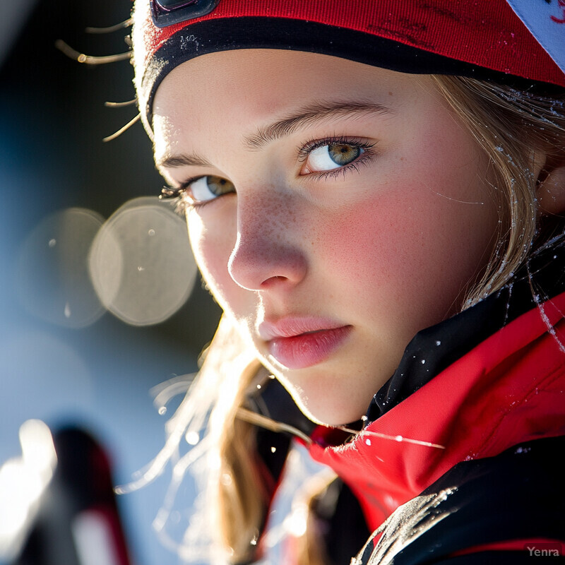 A young girl with fair skin and blonde hair wearing a red jacket and hat