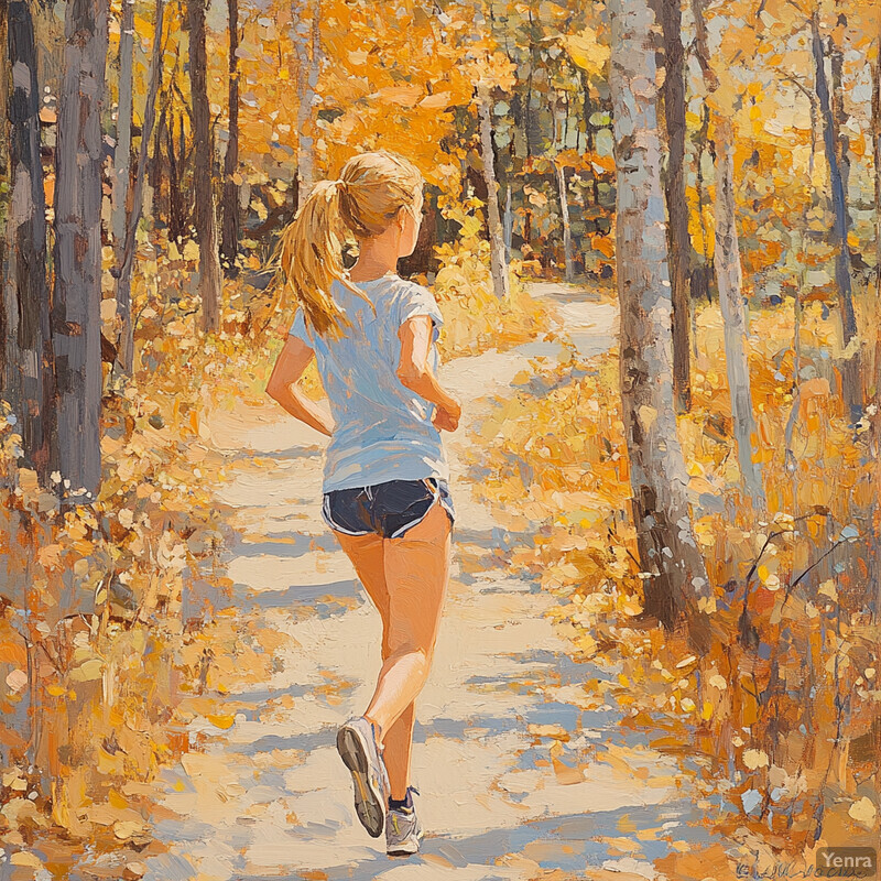 Woman running in a wooded area during autumn