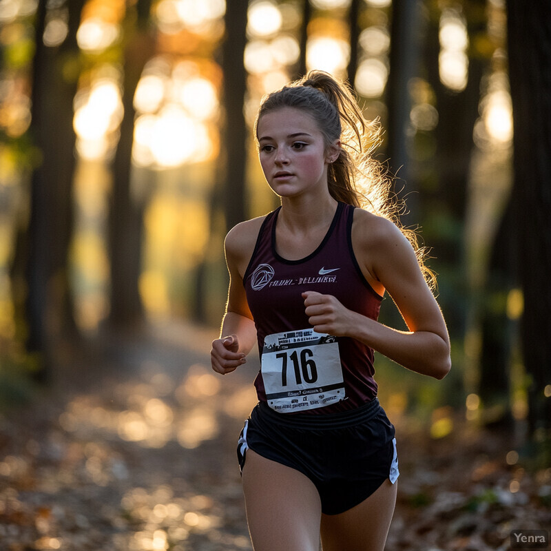 Young woman running in a wooded area