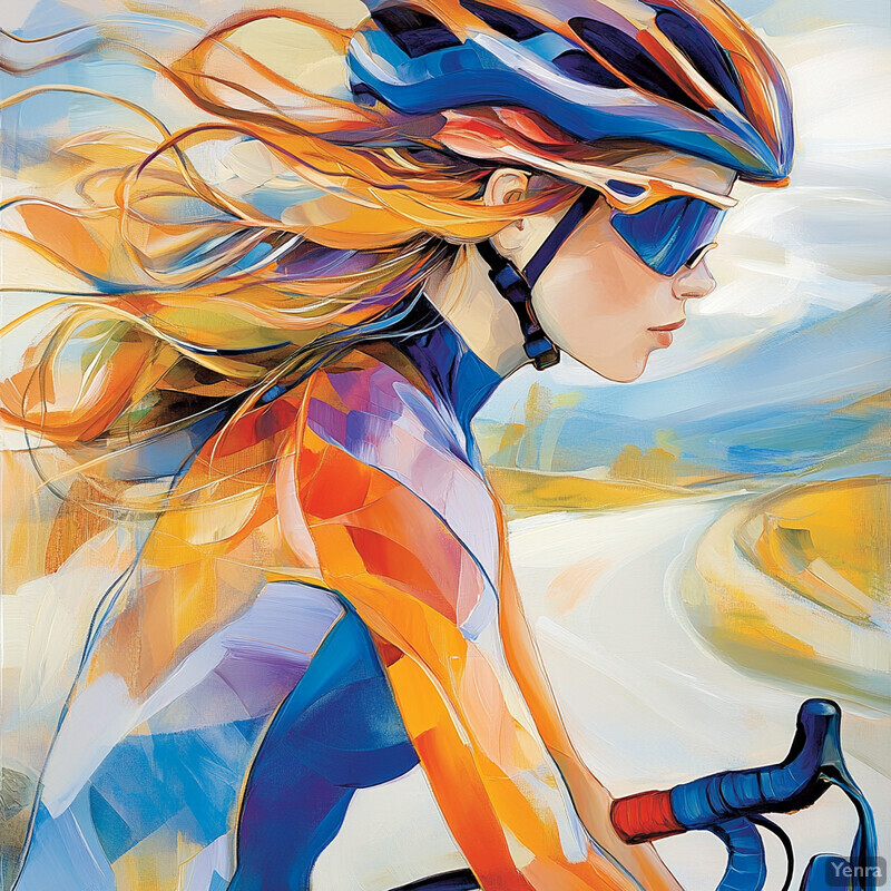 A dynamic painting of a woman on a bicycle, captured in motion with flowing hair and an expressive face.