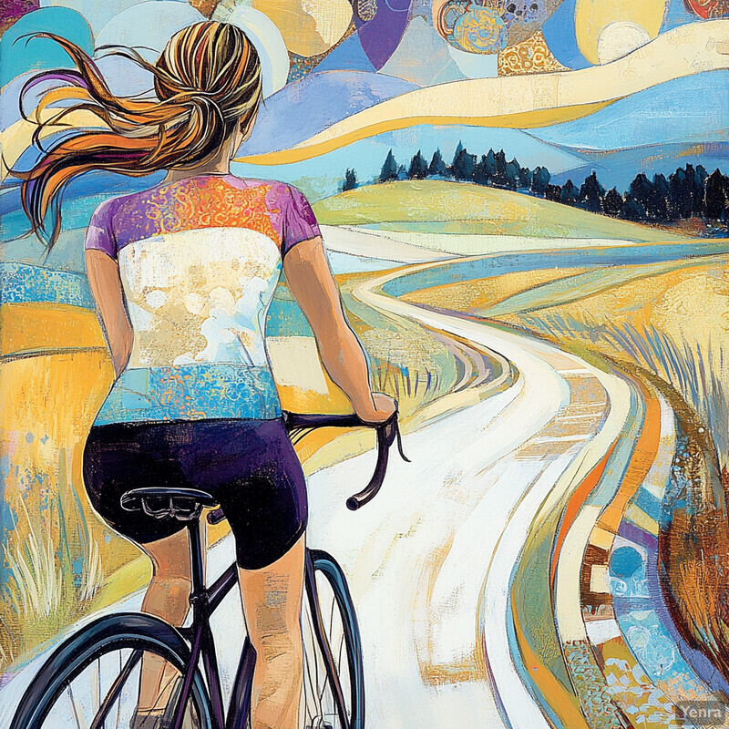 A woman rides a bicycle along a winding road through rolling hills.