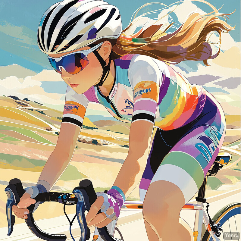 A young woman rides a bicycle in a desert landscape