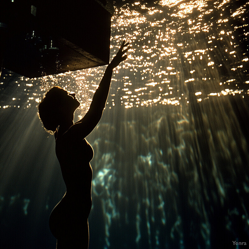 A woman stands underwater, reaching up towards an object above her head.