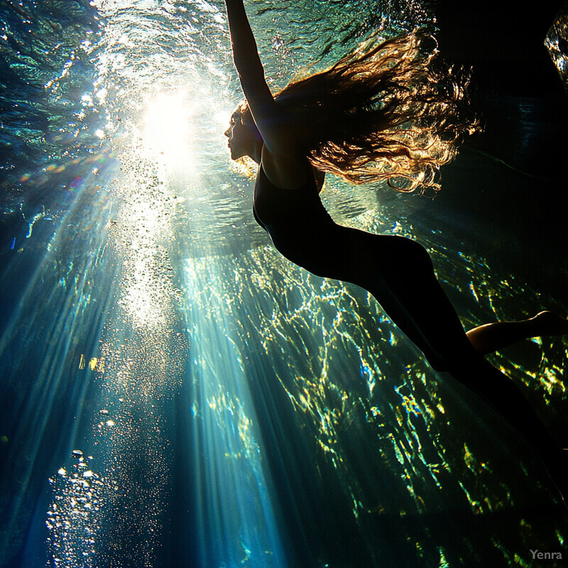 A woman swims underwater, surrounded by sunlight and tranquility.