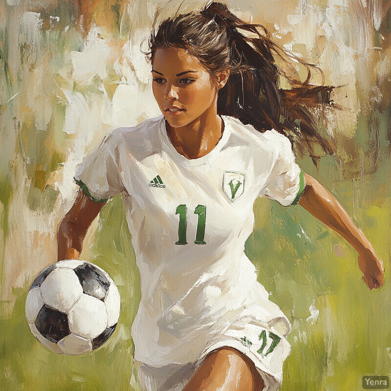 A young woman in a white soccer uniform running with a soccer ball, conveying a sense of athleticism and determination.