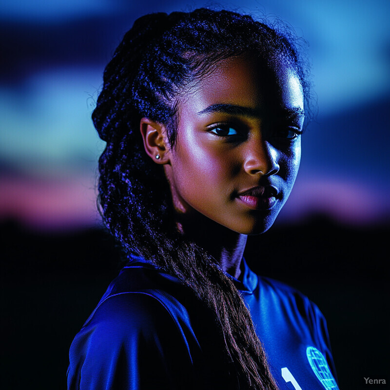 A young girl with dark skin and long black hair, wearing a blue shirt with a white number '1', gazing directly at the camera in a blurred stadium setting.