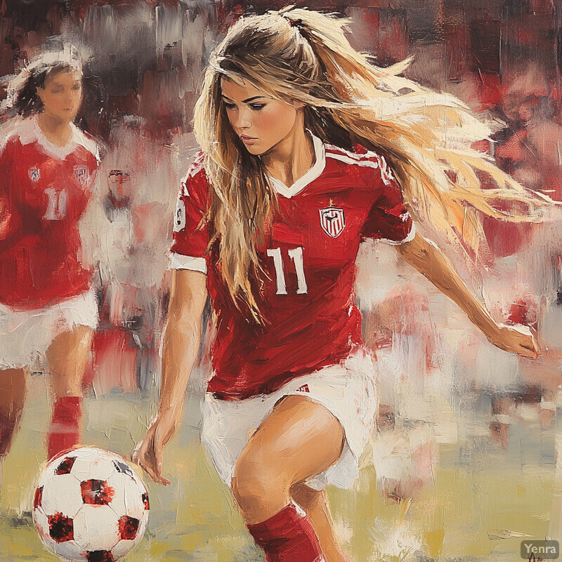 Vibrant painting of two female soccer players in action