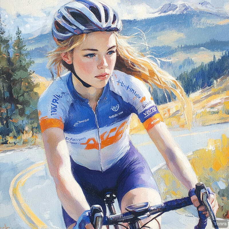 A young woman rides a bicycle on a winding mountain road.