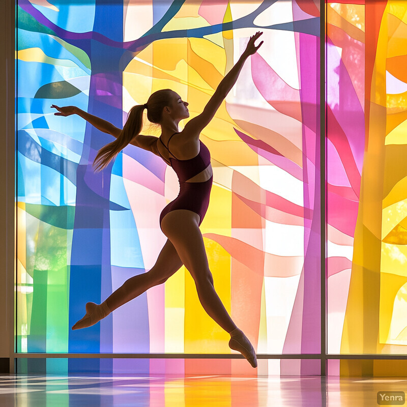 A young woman dances in front of a colorful window