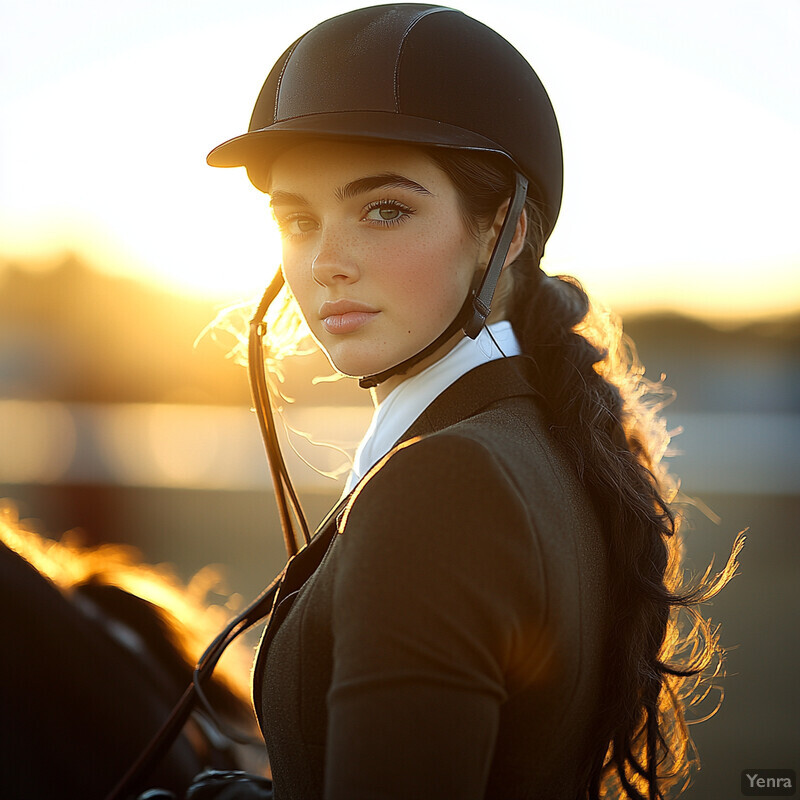 A woman dressed in an equestrian outfit, complete with a distinctive helmet, exudes elegance and confidence.