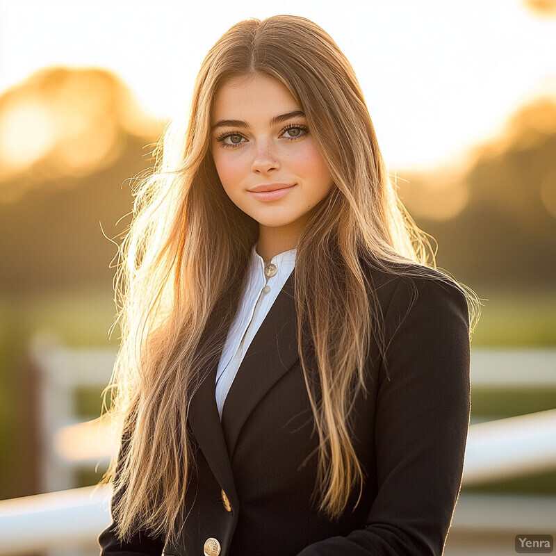 Young woman in black blazer standing outside