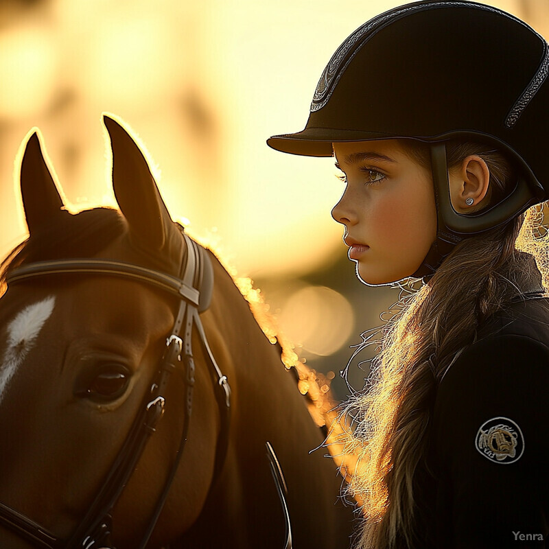 A young girl stands alongside a horse in an equestrian setting, wearing riding gear and accessories.