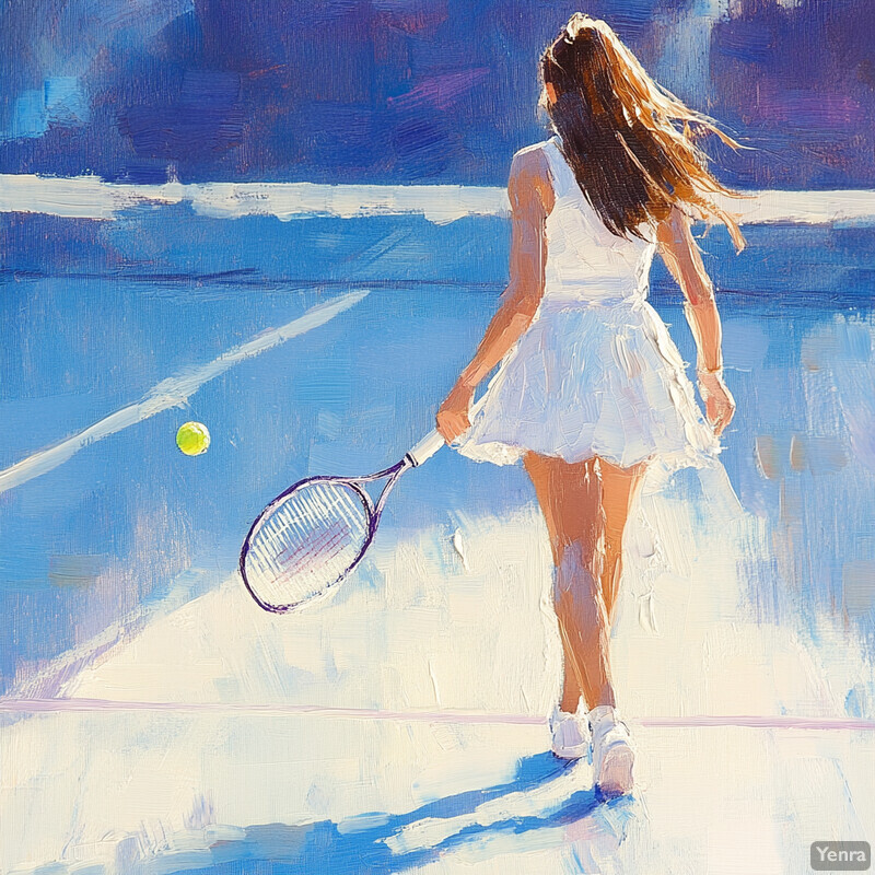 A woman in a white tennis outfit prepares to serve a ball on a tennis court.