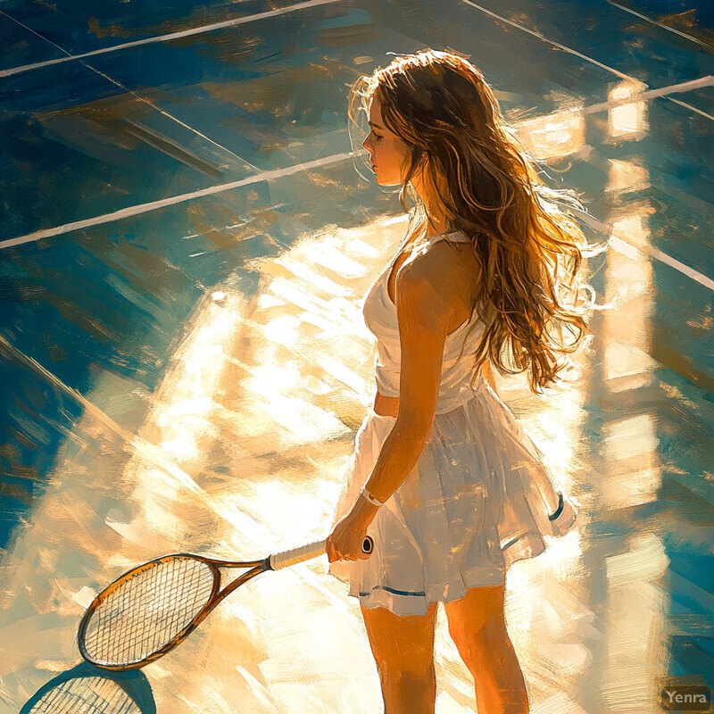 A woman stands on a tennis court, holding a racket in her right hand and wearing a white tennis outfit.