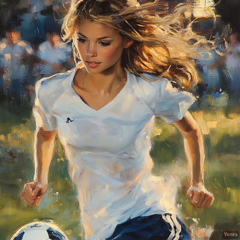 A young girl in motion, running with the ball at her feet.