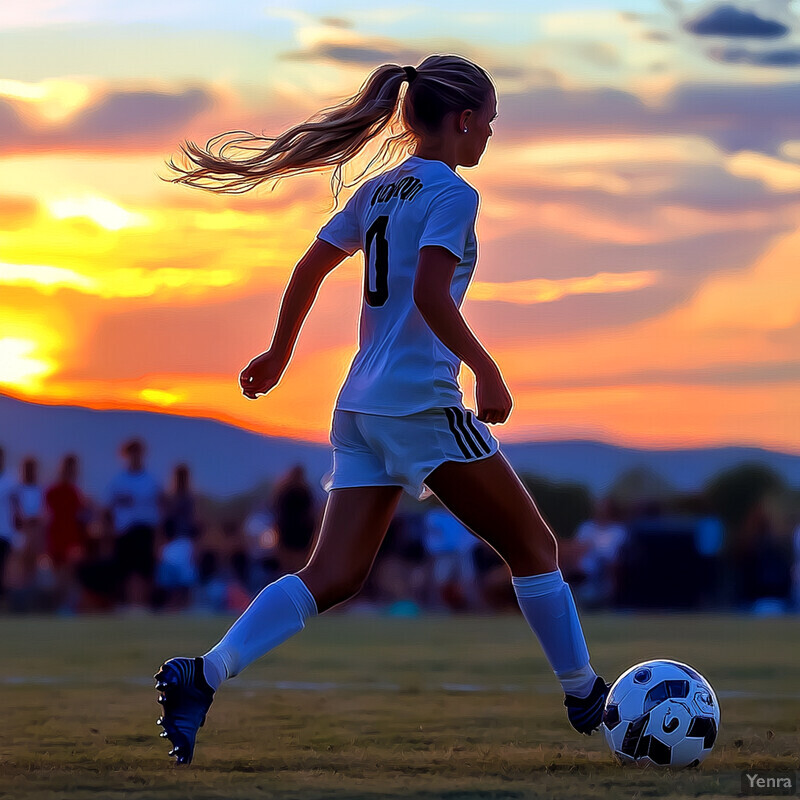 A young woman in motion with a soccer ball at her feet, set against a vibrant sunset sky.