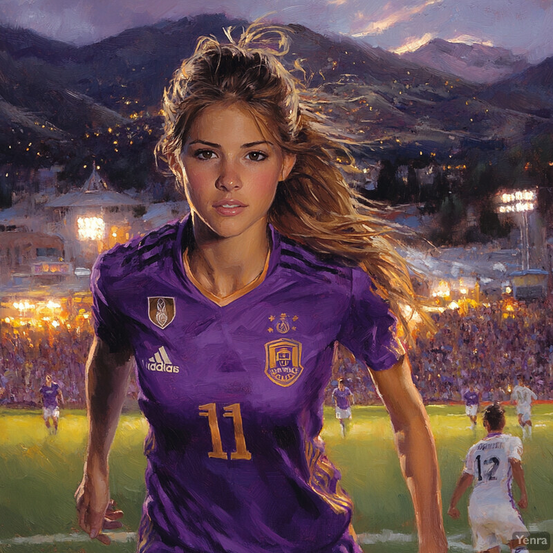 A woman in a purple soccer jersey running on a field with a crowd watching her.