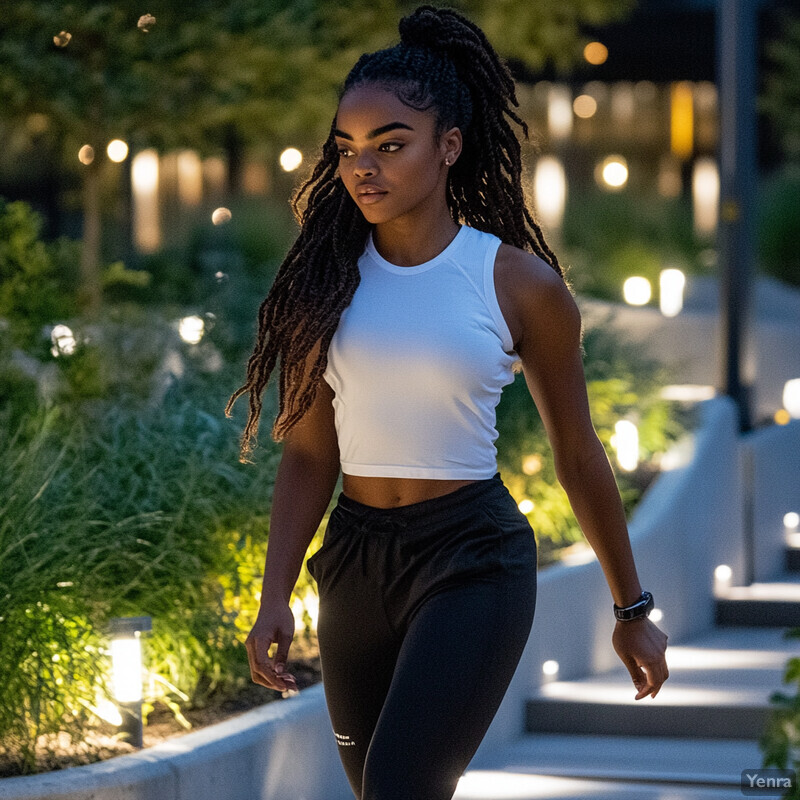 A young woman walking down stairs in an outdoor setting, exuding confidence and poise.