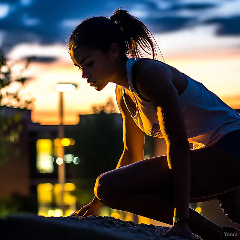 A woman prepares to sprint down a track or road at sunset.