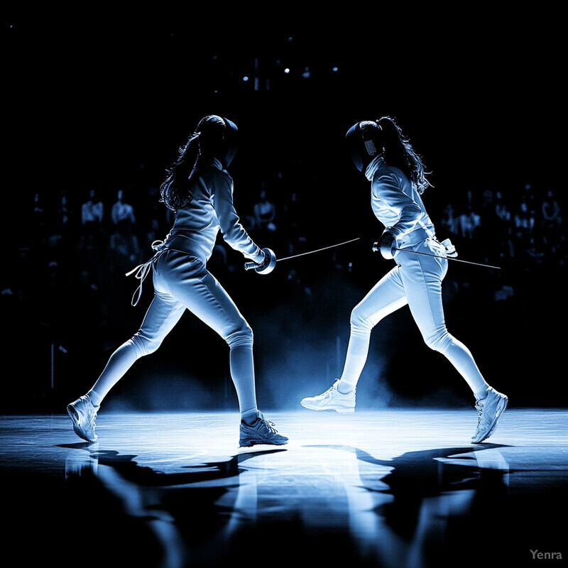 Two fencers engage in a duel, their movements captured in mid-stride.