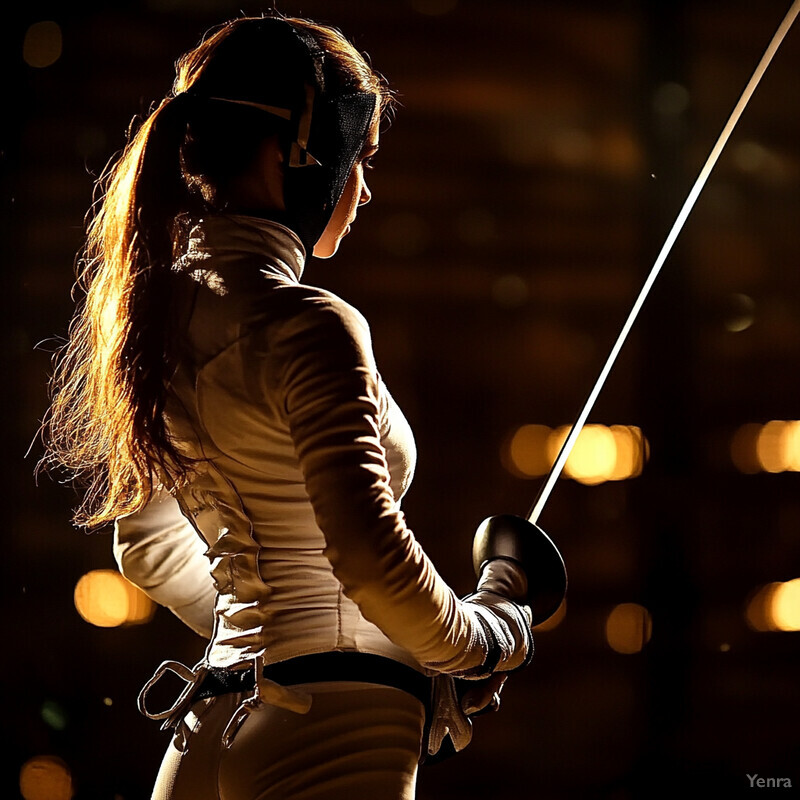 A woman in fencing attire prepares for battle