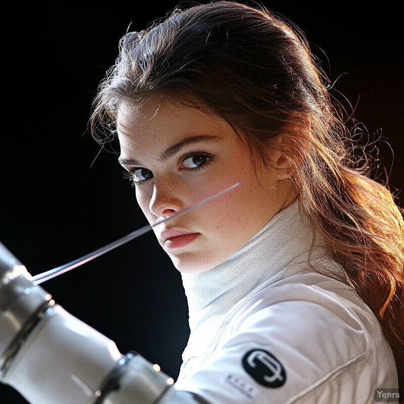 A young woman in fencing attire holds a sword and looks directly at the camera with intensity.