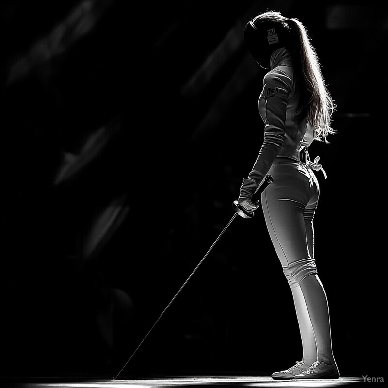 A woman stands ready for a fencing match or training session.