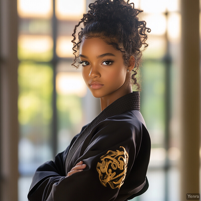 A woman in a black martial arts uniform poses confidently outdoors