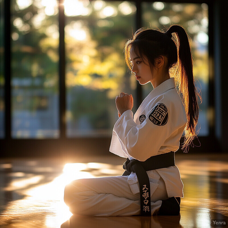 A young woman in a martial arts uniform kneels on the floor, preparing for or engaged in a training session.