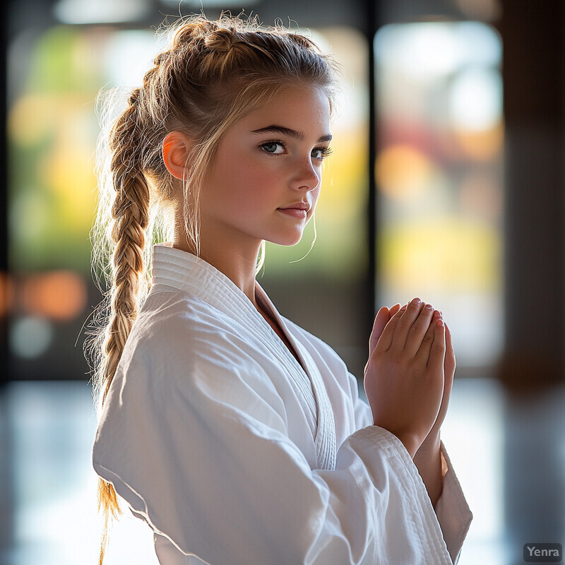 A young girl in a white martial arts uniform stands with her hands clasped together in front of her chest.