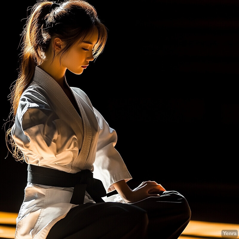 A woman in martial arts attire sits on the floor with her legs crossed, appearing focused and meditative.