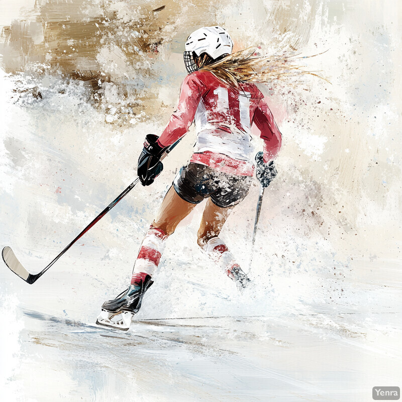 A woman plays ice hockey on an ice rink