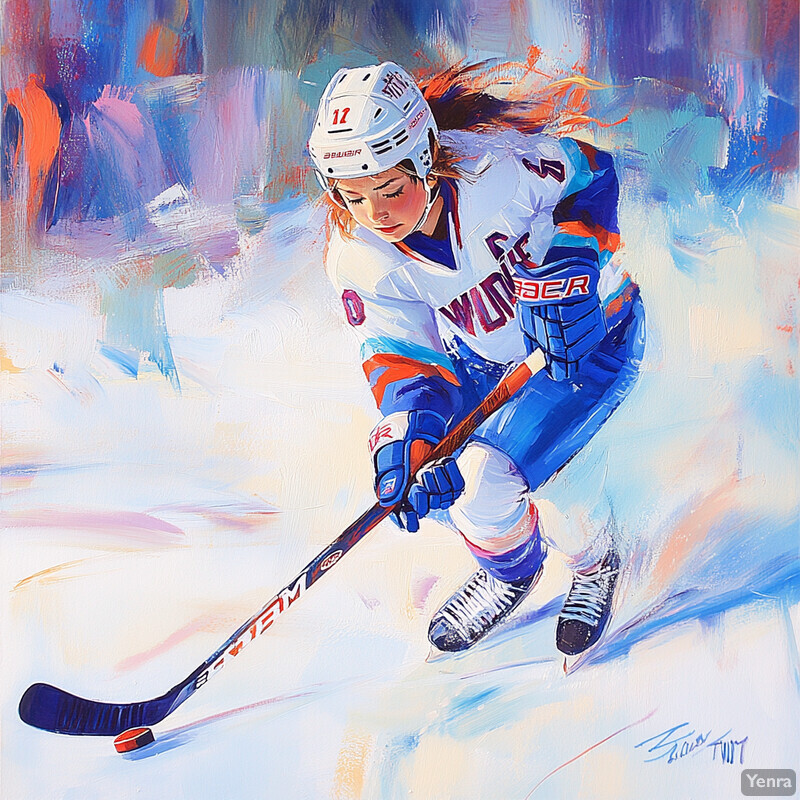 A woman ice skates while holding a hockey stick and wearing a white jersey with blue and orange accents.