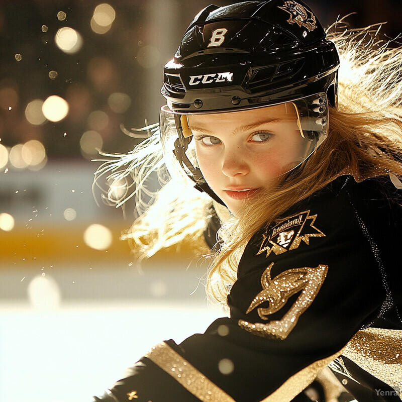 A young girl in ice hockey gear on an ice rink