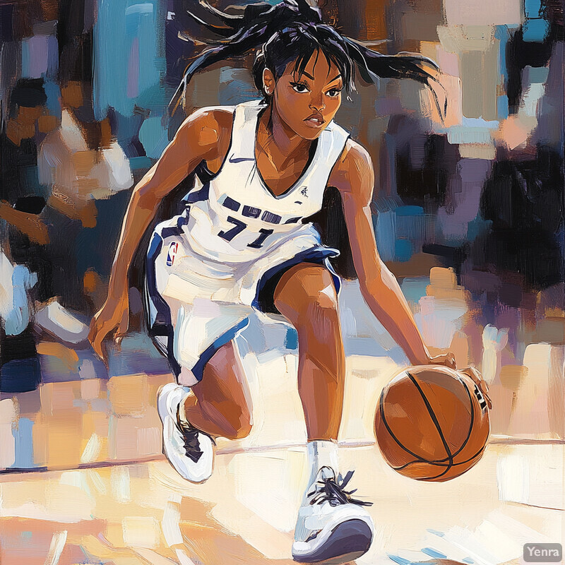 An animated young woman plays basketball