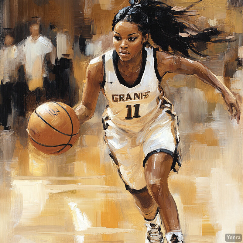 A woman in motion, playing basketball, wearing a white and black uniform.