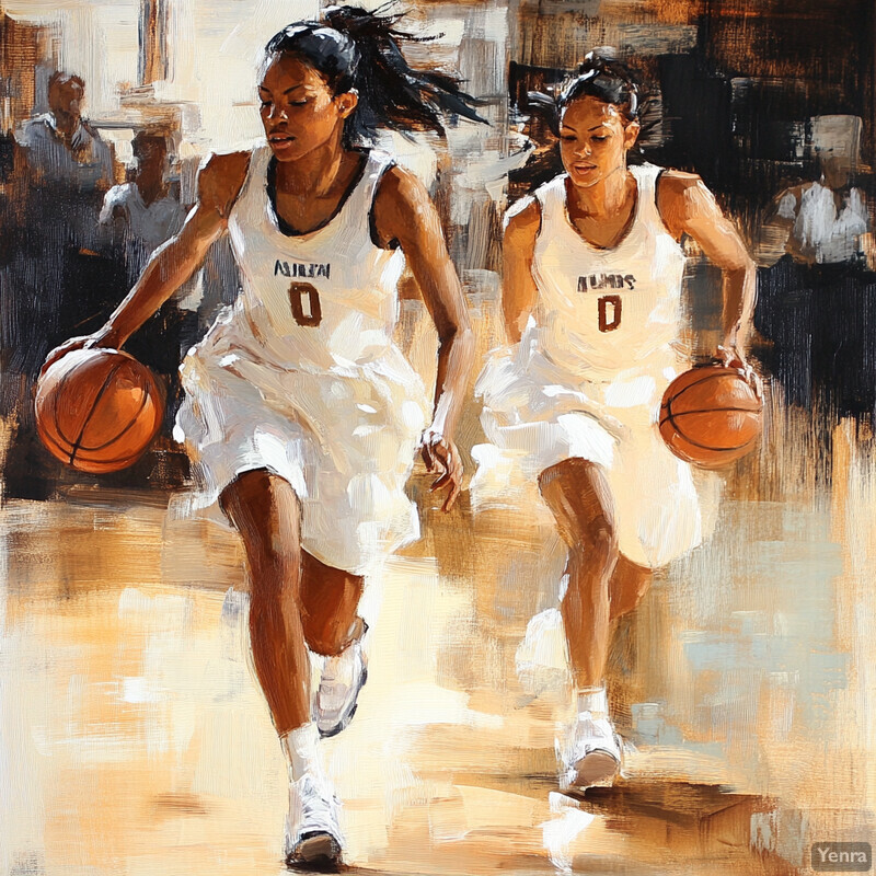 Two women in white basketball uniforms running towards the left side of the canvas